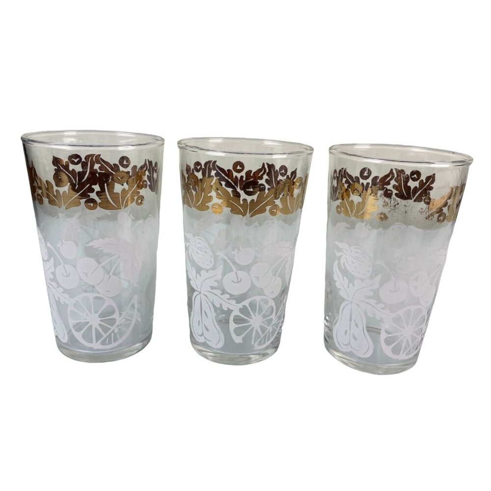 Set of 3 Vintage Mid-Century Modern Fruit Design Glass Tumbler White Gold Dining